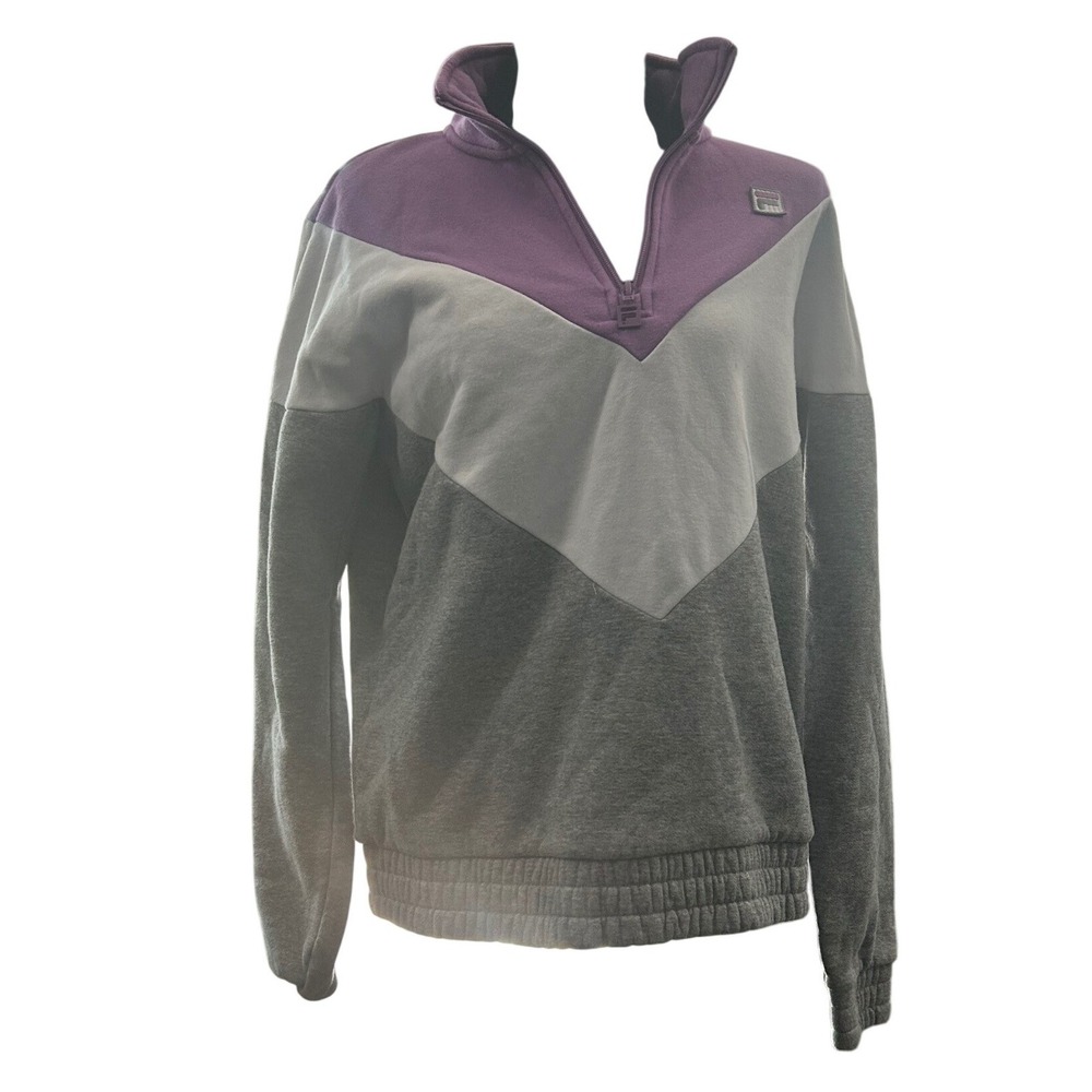 Fila Women Quarter‎ Zip Colorblock Chevron Sweatshirt Purple White Grey Size M